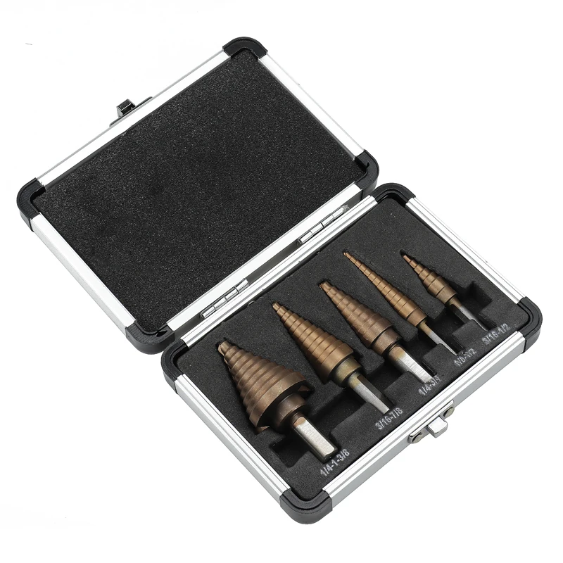 5pcs/Set Step Drill Bit HSS COBALT MULTIPLE HOLE 50 Sizes STEP DRILL BIT SET w/ Aluminum Case Drill Perforator Hole Cutter Tool
5pcs/Set Step Drill Bit HSS COBALT MULTIPLE HOLE 50 Sizes STEP DRILL BIT SET w/ Aluminum Case Drill Perforator Hole Cutter Tool