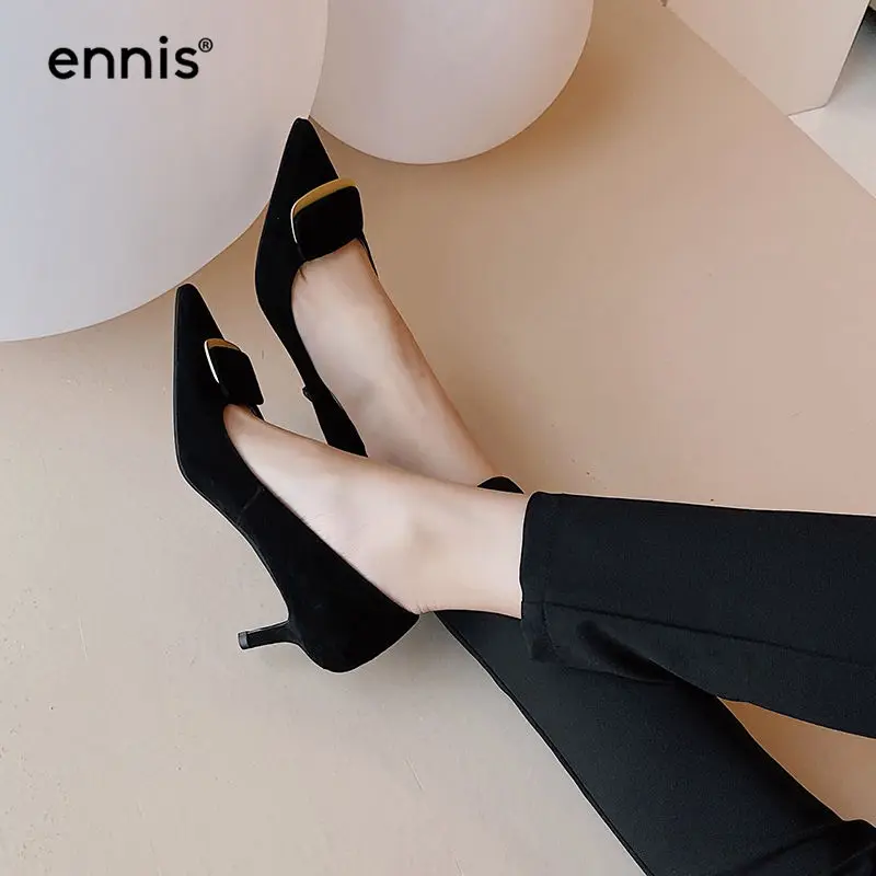 

ENNIS Brand Sexy Blue Heels Female Thin Heels Women Suede Leather Pumps Pointed Toe Casual Shoes Black Party Shoes Fashion P0063