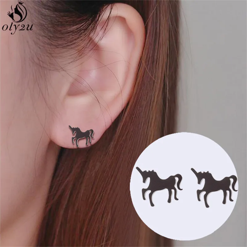 Oly2u Unique Charm Jewelry Cute Unicorn Earrings for Women Stainless Steel Animal Horse Stud Earrings oorbellen brinco