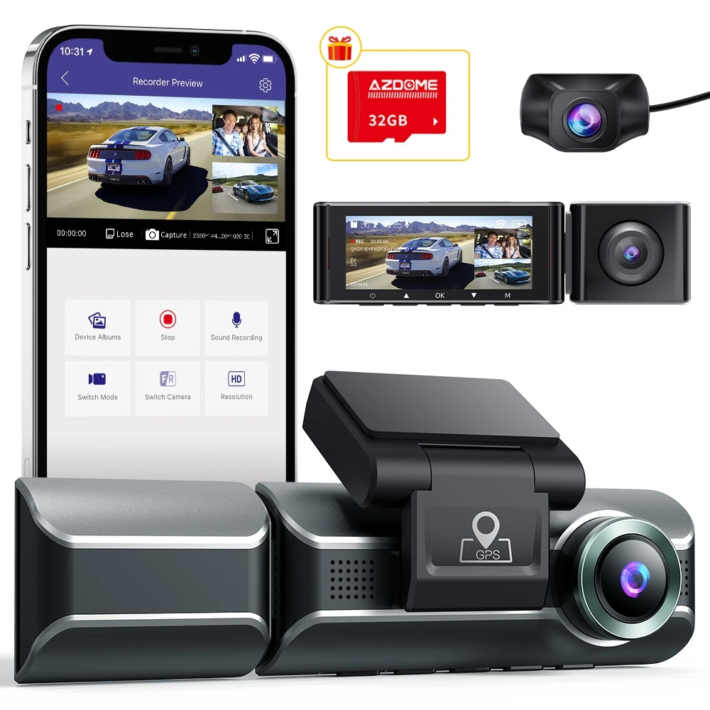 AZDOME 3 Channel Dash Cam, Front Inside Rear Three Way Car Dash Camera, 4K+1080P Dual Channel, With GPS, WiFi, IR Night Vision|DVR/Dash Camera| - AliExpress