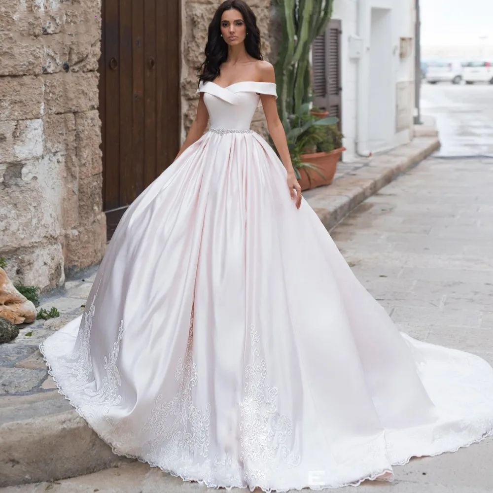 

На Чжу Vestido de Noiva бальное платье с вырезом "лодочка" Атласное Свадебные платья 2023 роскошные пояса с отделкой жемчугом платье для невесты принцессы