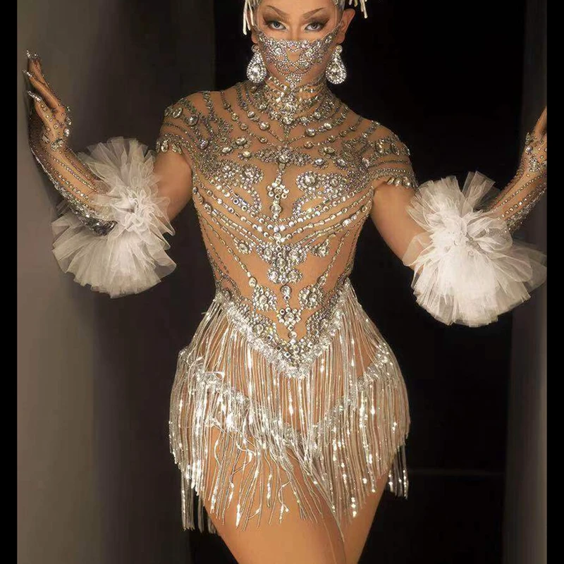 Shining Rhinestone Tassel Dance Dress Gloves Sexy Mesh Perspective Crystal Leotard Singer Dancer Stage Wear Nightclub Outfit |