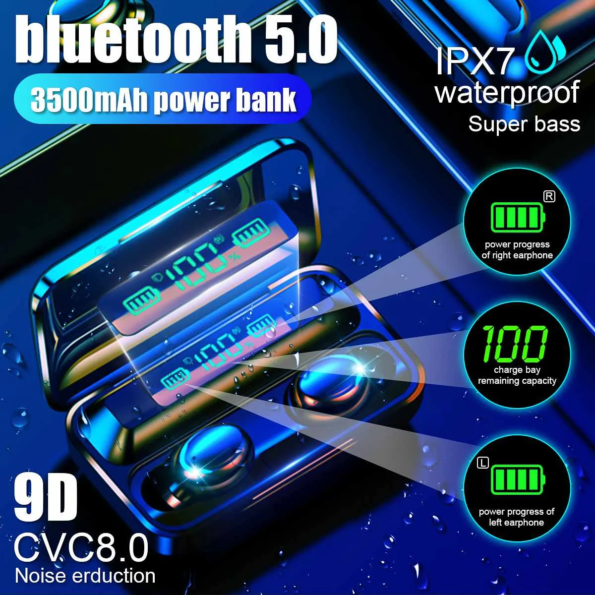 TWS bluetooth Earphone V5.0 Touch Wireless Earbuds 9D Stereo Sport Waterproof Headset handsfree LED Power display with Mic
TWS bluetooth Earphone V5.0 Touch Wireless Earbuds 9D Stereo Sport Waterproof Headset handsfree LED Power display with Mic