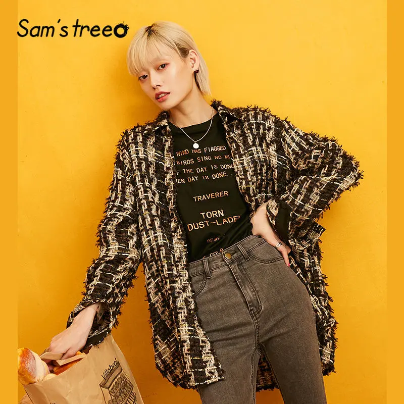 

SAM'S TREE Plaid Tassel Brit Graphics Tweed Women Coat 2019 Winter Single Button Breasted Long Sleeve Office Ladies Outwears