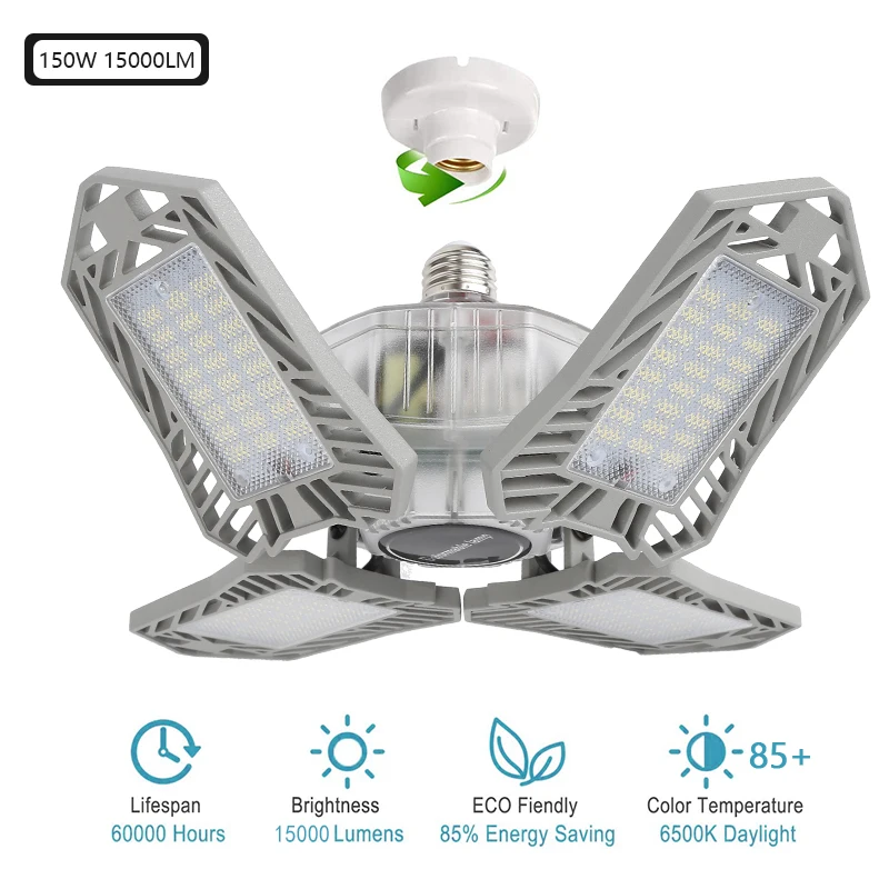 360 Degrees 85-265V 150W E27 LED Garage Light Glow Deformable Light Indoor Garage Lamp Premium 15000 Lumens 6000K 288 LED Light
360 Degrees 85-265V 150W E27 LED Garage Light Glow Deformable Light Indoor Garage Lamp Premium 15000 Lumens 6000K 288 LED Light