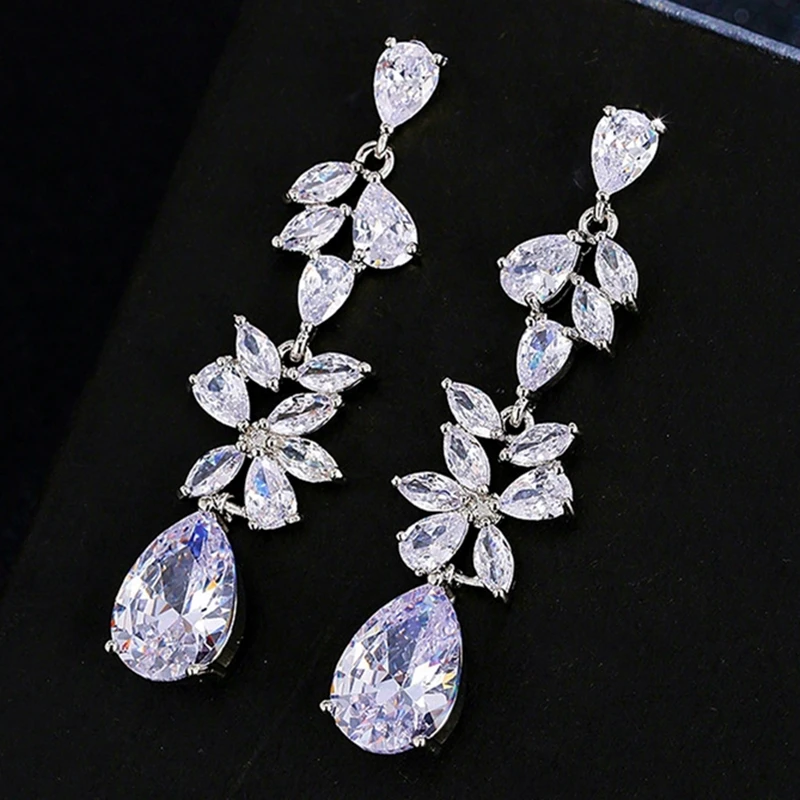 

Fashion Women Luxury Zirconia Bling Bling Long Wedding Earrings For Brides Crystal Engagement Bridesmaid Jewelry Party 2020 New
