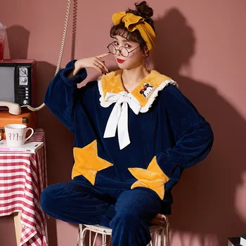 Winter Sweet Plus Velvet Cute Women Pajama Ruffle Color Matching Bow Top Pants Two Piece Pyjamas For Female Loose Home Sleepwear
Winter Sweet Plus Velvet Cute Women Pajama Ruffle Color Matching Bow Top Pants Two Piece Pyjamas For Female Loose Home Sleepwear