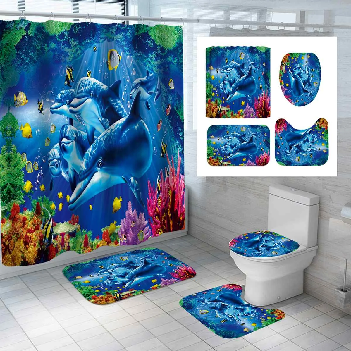 

3D Ocean Dolphin Waterproof Bathroom Shower Curtains Non-Slip Bath Mat Set Pedestal Rug Lid Toilet Cover for Bathroom Decor