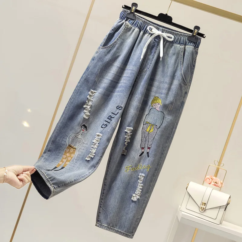 Plus Size 4xl Jeans Woman 2020 New Spring Autumn Elastic Waist Cartoon Embroidered Casual Capri Harem Pants Womens Clothing
Plus Size 4xl Jeans Woman 2020 New Spring Autumn Elastic Waist Cartoon Embroidered Casual Capri Harem Pants Womens Clothing