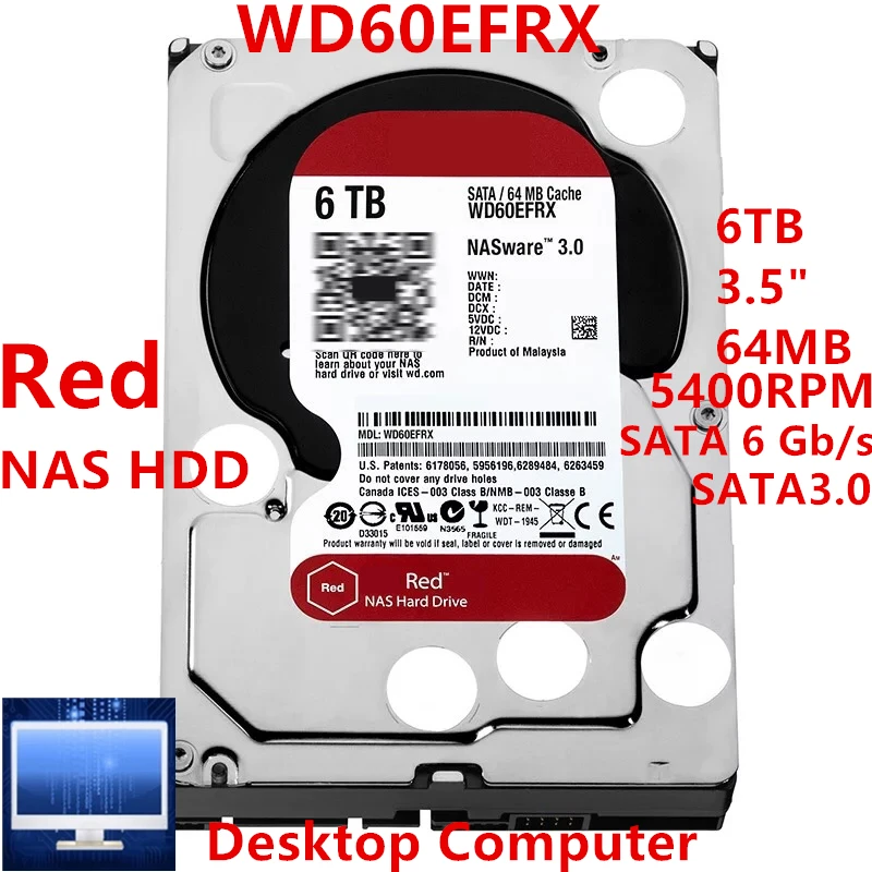 

New Original HDD For WD Brand Red 6TB 3.5" SATA 6 Gb/s 64MB 5400RPM For Internal Hard Disk For NAS Hard Drive For WD60EFRX