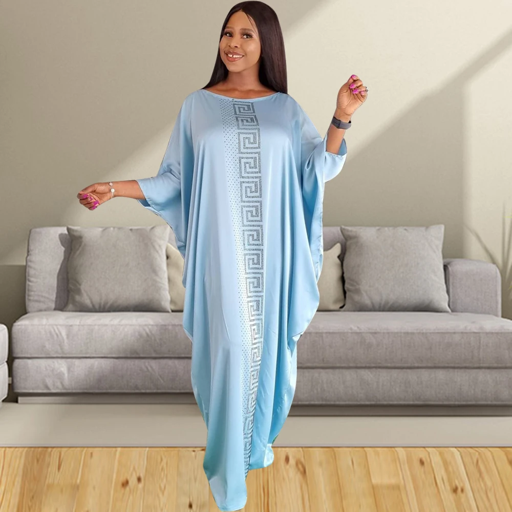 

Dashikiage Boubou Africain Femme 2021 Blue Dresses For Women Diamonds Exquisite O-collar Bat Sleeve Abaya Dubai Lady Party Robe