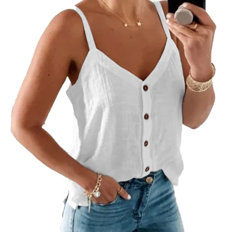 

Womens V Neck Button Vest Fashion Suspenders Vests Solid Color Camisole Sleeveless Tops Leisure Ladies Clothes Street Wear