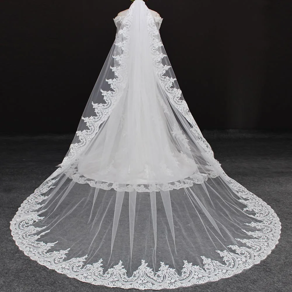 

Cathedral Long Lace Wedding Veil with Comb One Layer High Quality 3 Meters Bridal Veil White Ivory Veil Voile Mariage