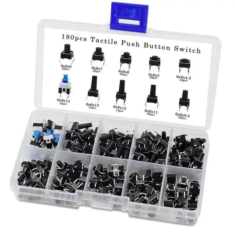 10 kinds Values 180PCS Tactile Push Button Switch micro-trigger Mini Momentary Tact Assortment
10 kinds Values 180PCS Tactile Push Button Switch micro-trigger Mini Momentary Tact Assortment