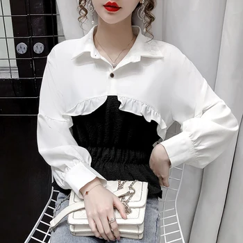COIGARSAM Patchwork blouse women New High Waist blusas womens tops and blouses Khaki White 6171
COIGARSAM Patchwork blouse women New High Waist blusas womens tops and blouses Khaki White 6171