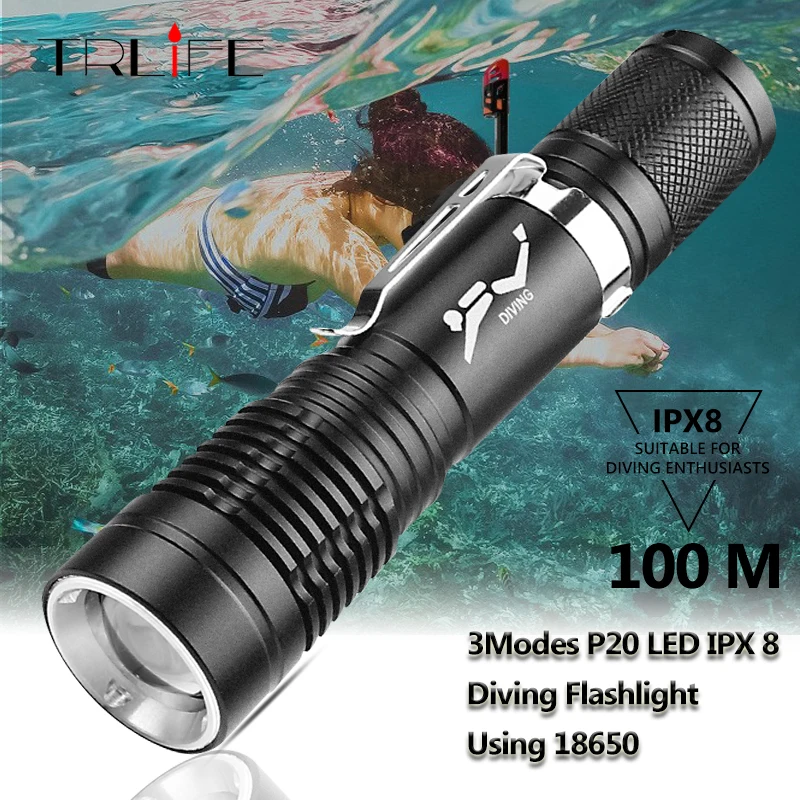NEW Professional Diving flashlight P20 High Power Led Torch 18650 Underwater Lamps Waterproof IPX8 Rechargeable Diving Light
NEW Professional Diving flashlight P20 High Power Led Torch 18650 Underwater Lamps Waterproof IPX8 Rechargeable Diving Light