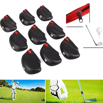 

Putter Head Cover Club Fashion Accessories 9Pcs Golf Iron Protector Zipper Case Clubs Silicone Pull Rope Black Zippers