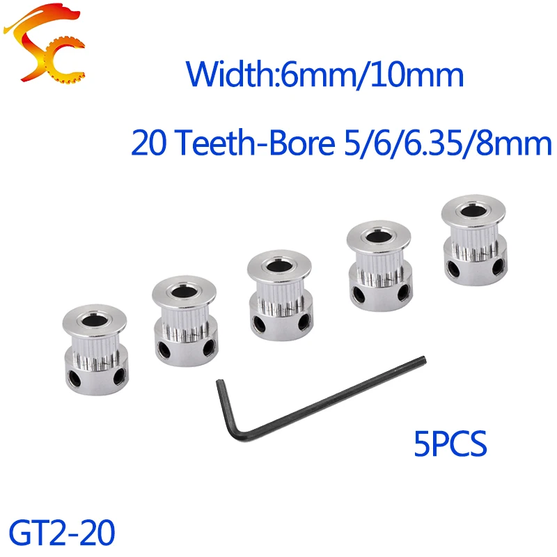 

5PCS GT 20 Teeth 2GT 2M Timing Pulley Bore 4/5/6/6.35/8mm for 2MGT GT2 Synchronous belt width 6/10mm small backlash 20Teeth 20T