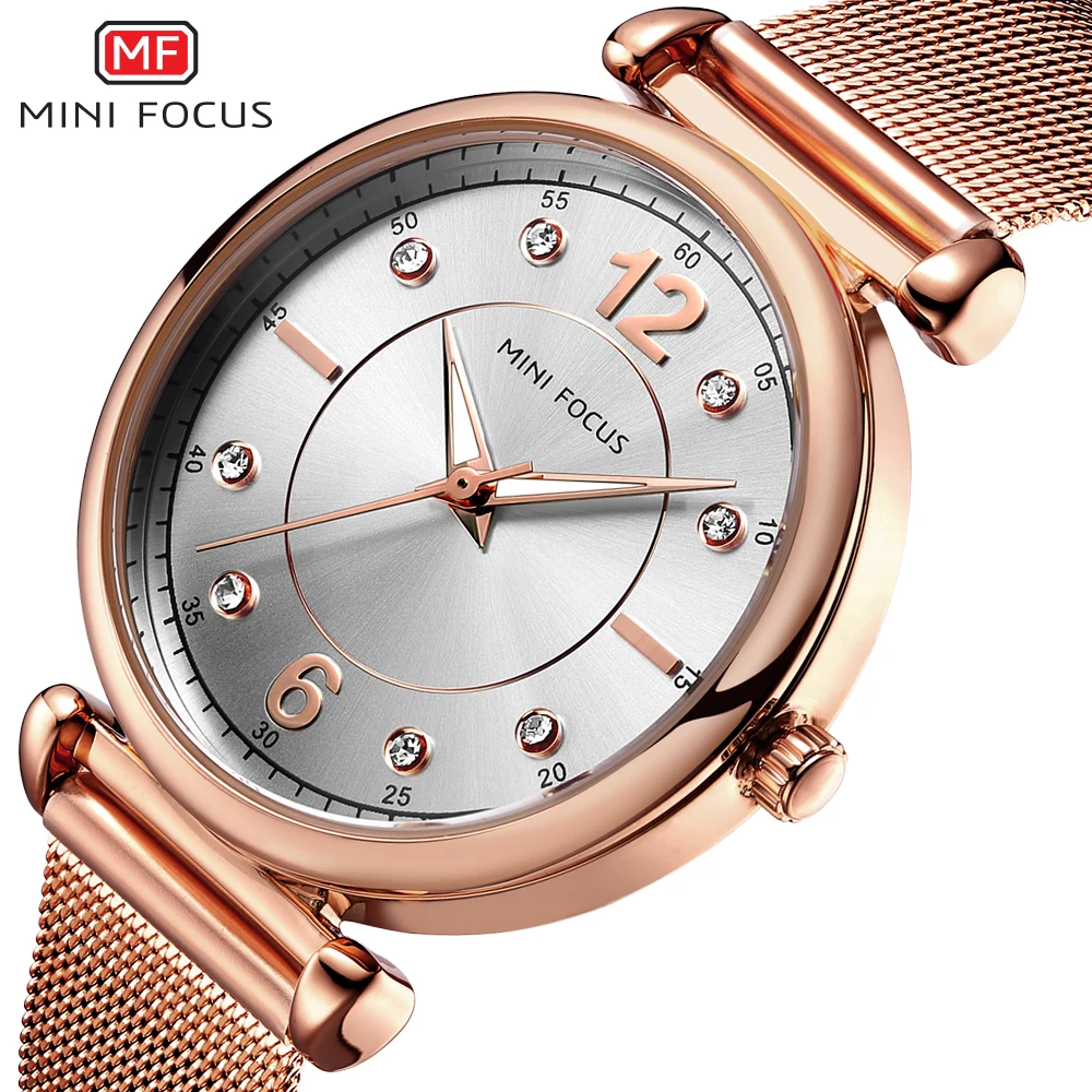

MINI FOCUS WristWatches Women Luxury Quartz Ladies Clock Crystal Dial Gold Mesh Strap Business Gift For Girls New Zegarek Damski