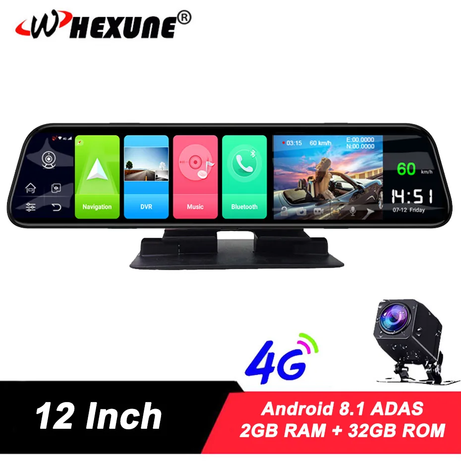 

WHEXUNE 12" IPS rear view mirror car camera 4G Android 8.1 GPS Navigation 2G RAM 32G ROM ADAS FHD 1080P dash cam video recorder