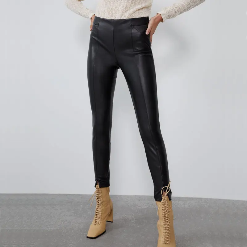 

2020 New Fashion Autumn Winter Women High Wasited Faux Leather Trousers Ladies Slim Warm Fleece PU Skinny Stretch Pencil Pants