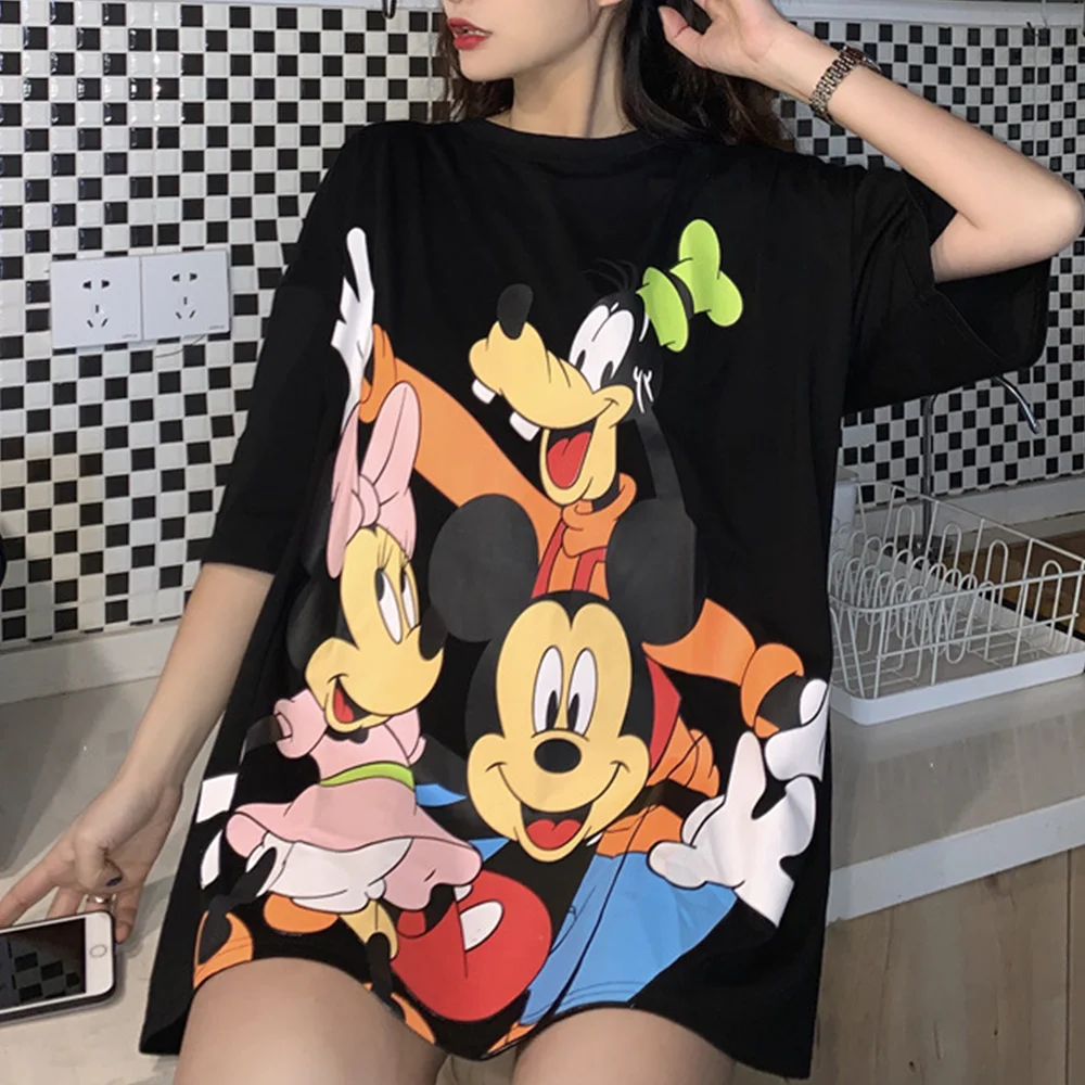 Disney Cartoon T-shirts for Women Mickey Mouse Donald Duck Minnie Tops Summer Loose Black Female T-shirt Harajuku Casual New Tee