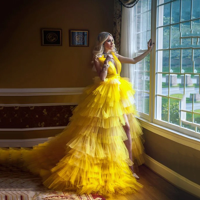 Yellow Mesh Puffy Evening Dresses Plunging Sleeveless Tiered Ruffle Sweep Train Custom Made Prom Gowns Back Zipper Formal Dress | Свадьбы и