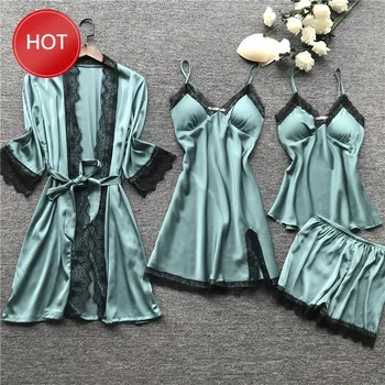 2020 Women Pajamas Sets Satin Sleepwear Silk 4 Pieces Nightwear Pyjama Spaghetti Strap Lace Sleep Lounge Pijama Plus Size 2XL
2020 Women Pajamas Sets Satin Sleepwear Silk 4 Pieces Nightwear Pyjama Spaghetti Strap Lace Sleep Lounge Pijama Plus Size 2XL