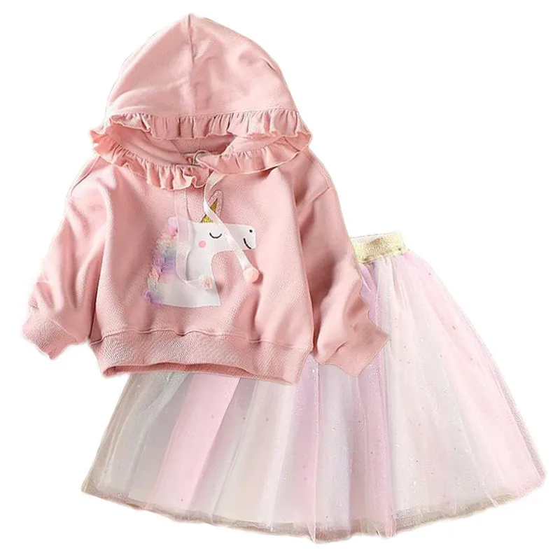 

Детский костюм для девочек 2-7 лет, толстовка с мультяшным принтом пони и юбка из сетчатой пряжи, на весну/осень, одежда для вечеринки в честь Дня Рождения, 2020