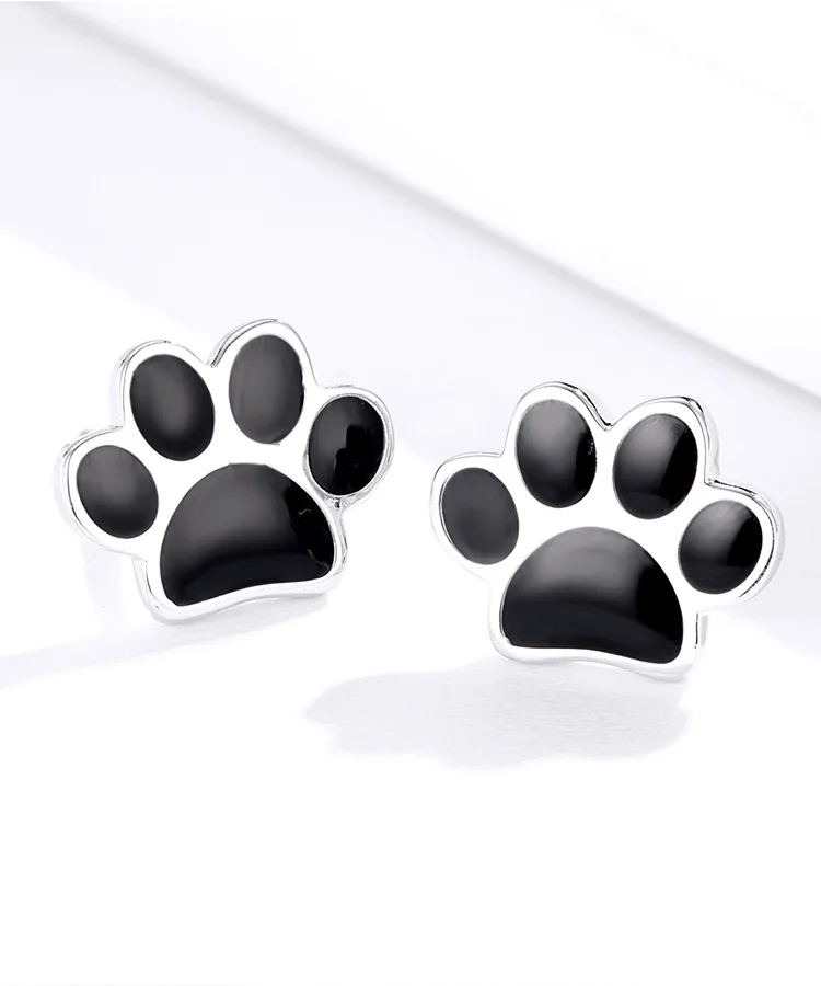Paw Dog Footprint Black Stud Earrings 925 Sterling Silver For Women - PeticaDeals