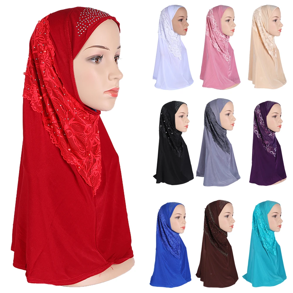Women Muslim Flower Hijab Lace Long Scarf Islamic Amira Headwear Shawls Headwraps One Piece Ready Jersey Ramadan Wrap Arab Caps |