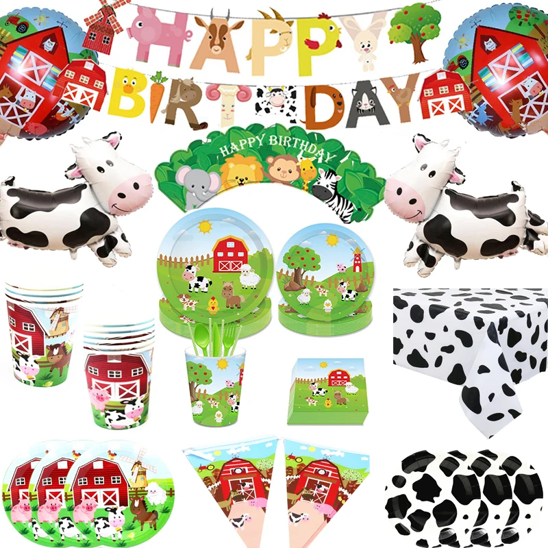 

Farm Cow Theme Birthday Party Animal Party Cow Decoration Disposable Cups Plates Flags Tablecloth Baby Shower Balloon Decoration