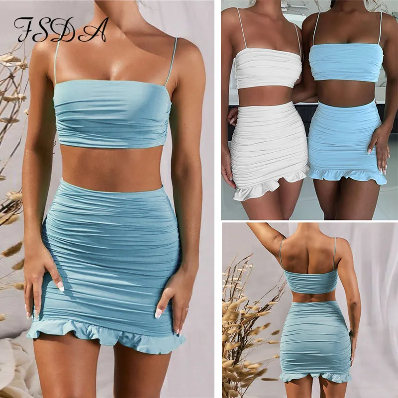 FSDA Summer 2020 Women Set Spaghetti Strap Crop Top White Sexy And Mini Bodycon Skirt Ruffles Party Outfit Club Two Piece Sets