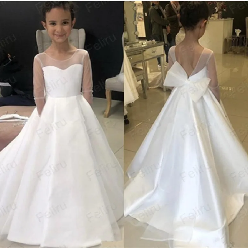 Pure White Flower Girls Dresses With Sleeves A-Line Pockets Bow Holy First Communion Dresses Sweep Train Birthday Party Gown
Pure White Flower Girls Dresses With Sleeves A-Line Pockets Bow Holy First Communion Dresses Sweep Train Birthday Party Gown