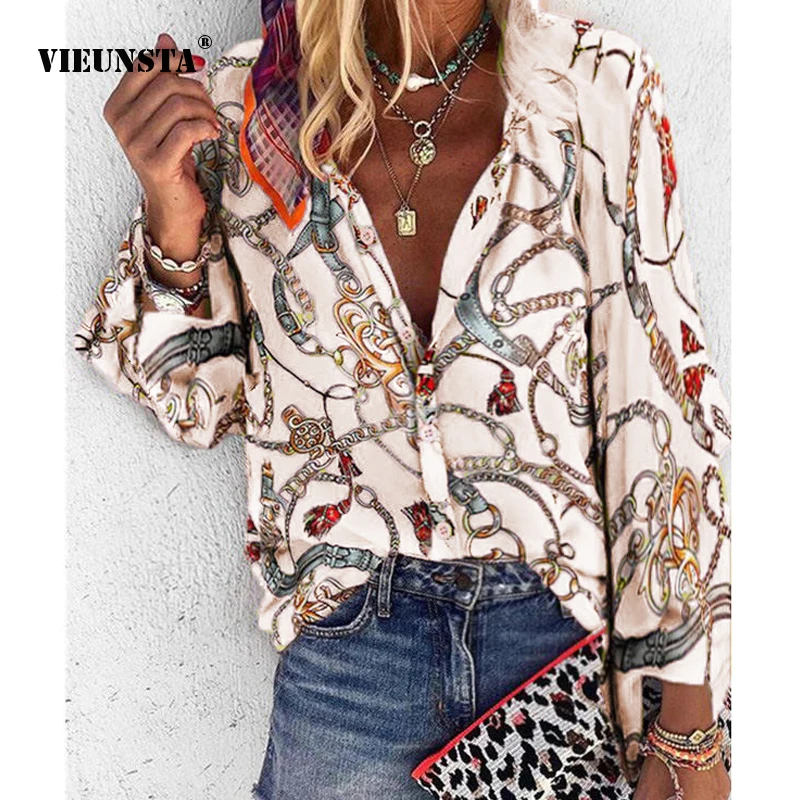 VIEUNSTA Women Sexy V-Neck Button Blouses Shirt Chains Print Chiffon Blouse Tops Elegant Office Lady Long Sleeve Blusa Plus size
VIEUNSTA Women Sexy V-Neck Button Blouses Shirt Chains Print Chiffon Blouse Tops Elegant Office Lady Long Sleeve Blusa Plus size
