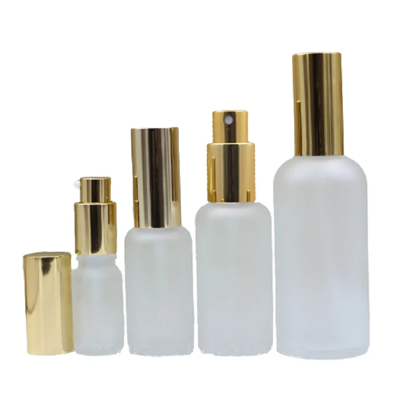 

50pcs Frost Glass Bottle Gold Mist Atomizer Spray Lotion Pump Empty Essential Oil Packaging Vials 100ml 50ml 30ml 20ml 15ml 10ml