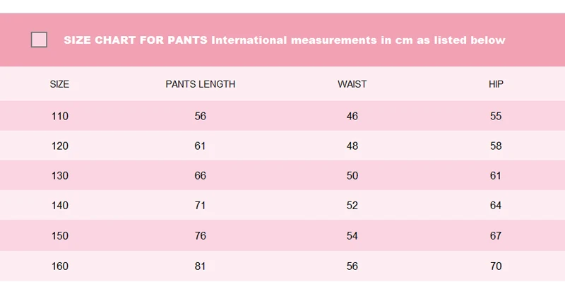 Size Chart For Pants