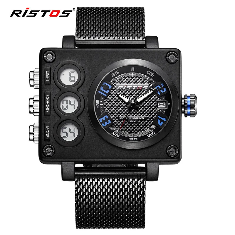 RISTOS мужские спортивные сетчатые стальные Аналоговые Часы Цифровые модные