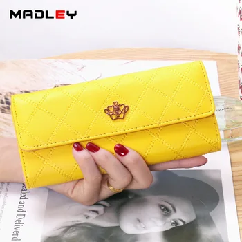 

2020 New Style Pu WOMEN'S Wallet Long Three Fold Korean-style Clutch Buckle Diamond-Quilted CROWN Card Bit More Leather Wallet