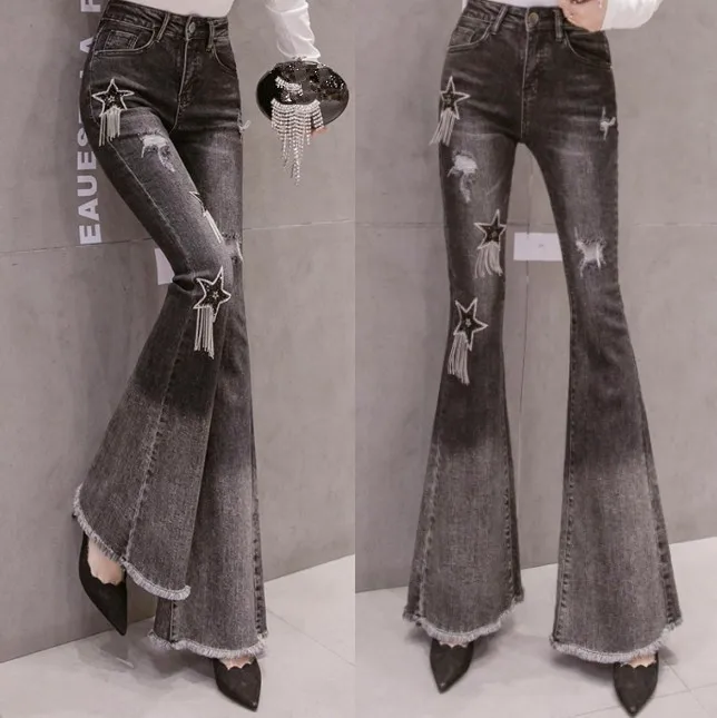 Black Jeans Women's Hot-drill Star Horn Pants Womens Gradually Hole-breaking Fish-tail Trousers Pantalones Vaqueros Mujer
Black Jeans Women's Hot-drill Star Horn Pants Womens Gradually Hole-breaking Fish-tail Trousers Pantalones Vaqueros Mujer