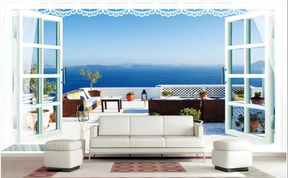 Custom mural on the wall paper 3d Balcony window scenery blue sky and white clouds home decor photo wallpaper in the living room 
Custom mural on the wall paper 3d Balcony window scenery blue sky and white clouds home decor photo wallpaper in the living room