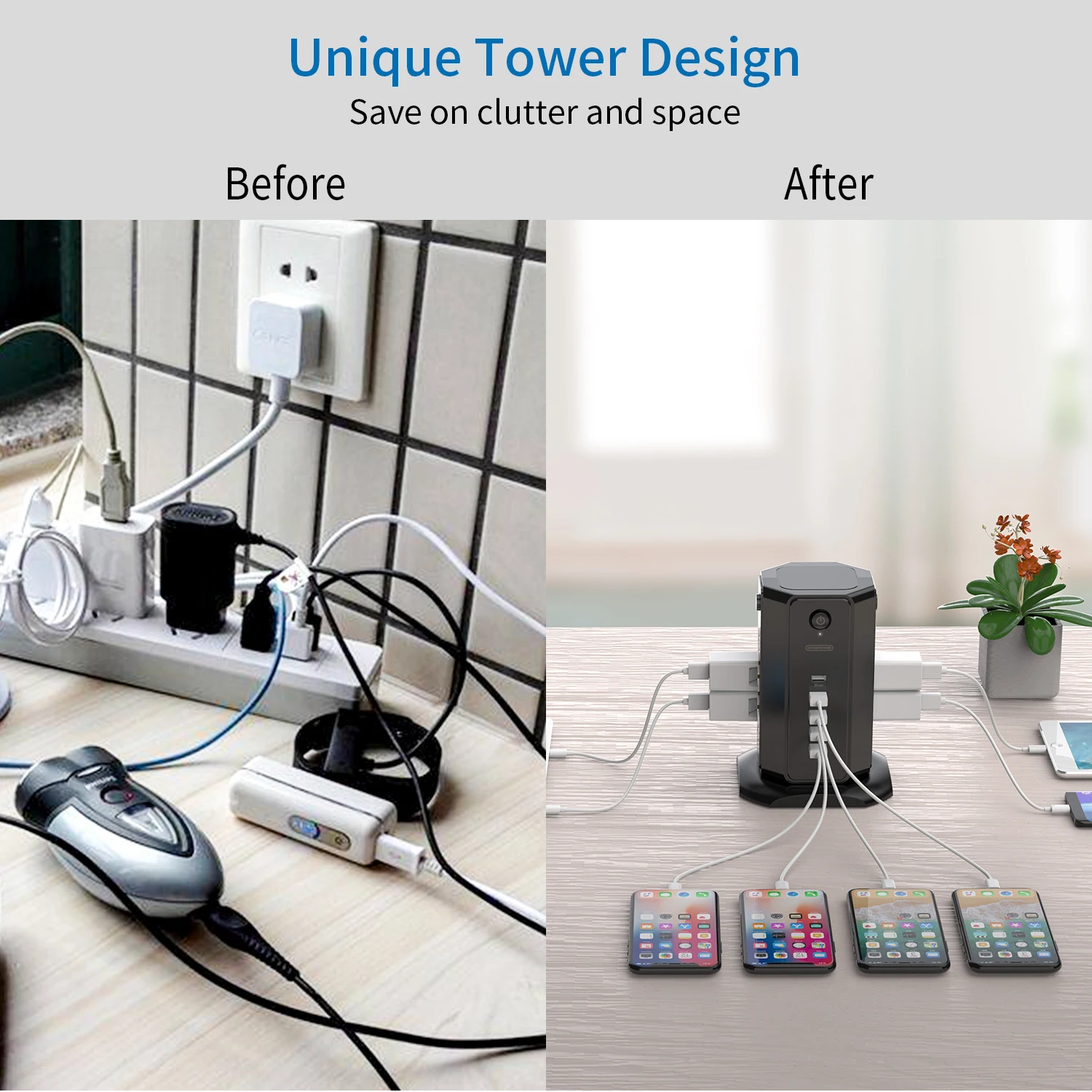 NTONPOWER US Power Strip Tower with 3M Extension Cord Surge Protector with Flat Plug 13A Circuit Breaker for Home and Office NTONPOWER US Power Strip Tower with 3M Extension Cord Surge Protector with Flat Plug 13A Circuit Breaker for Home and Office