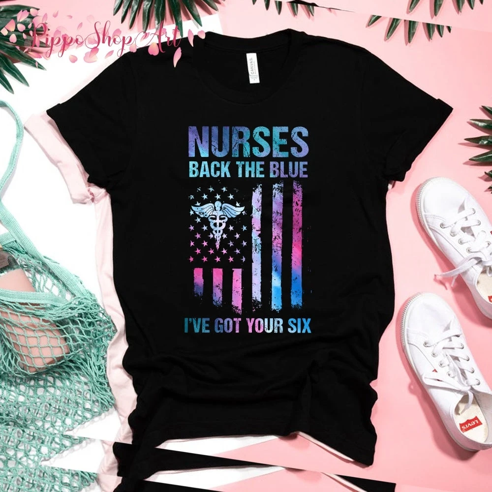 Фото Рубашка с американским флагом медсестер задняя голубая я у вас шестерка