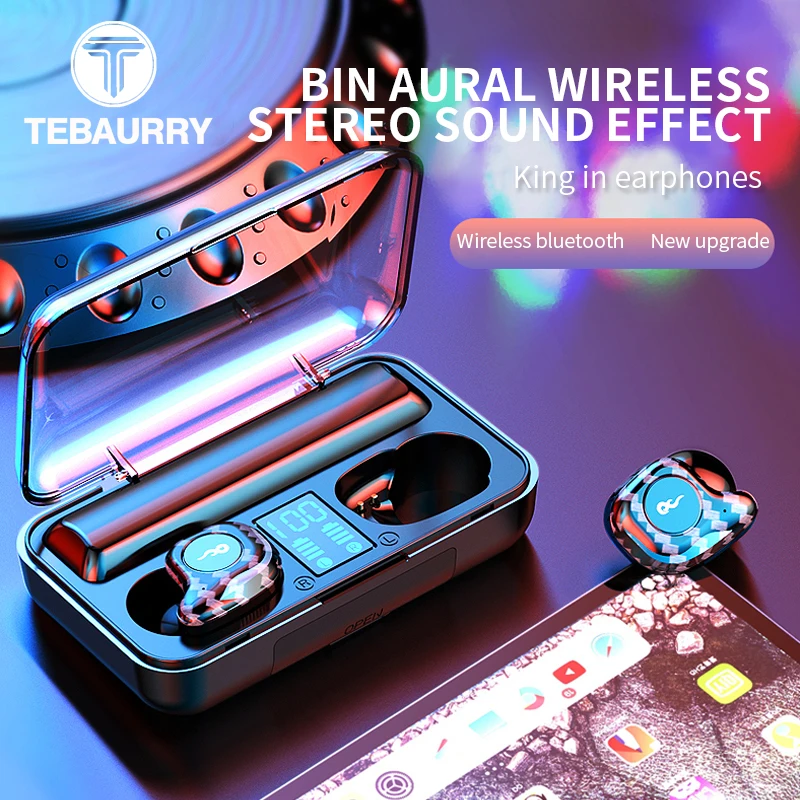 

True Wireless Bluetooth Earphone 9D Stereo TWS 5.0 Wireless Headphones Sport Mini Earbuds with 2000mAh Charging Bin Power Bank