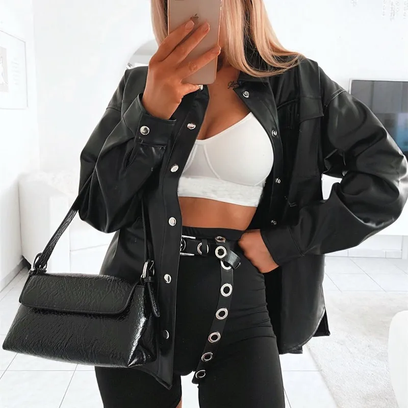 Weekeep Women Turn Down Collar PU Leather Shirt Black Punk Style Single Breasted Spring Autumn Long Shirts 2020
Weekeep Women Turn Down Collar PU Leather Shirt Black Punk Style Single Breasted Spring Autumn Long Shirts 2020