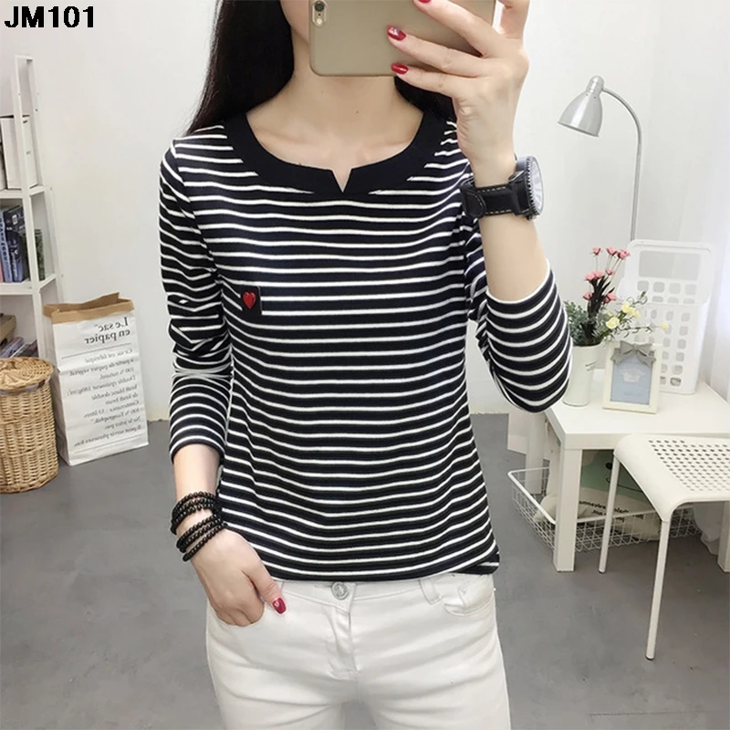 

Casual Women's T-shirt Long Sleeve Korean Style Slim Cotton T shirt All-match stripe Womans Clothing Spring Autumn Female Tshirt