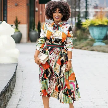 High Quality Silk Satin African Print Clothes Shirt Ruffle Sleeve A Line Dress Women Long Sleeve Pleated Office Dashiki Dresses 
High Quality Silk Satin African Print Clothes Shirt Ruffle Sleeve A Line Dress Women Long Sleeve Pleated Office Dashiki Dresses