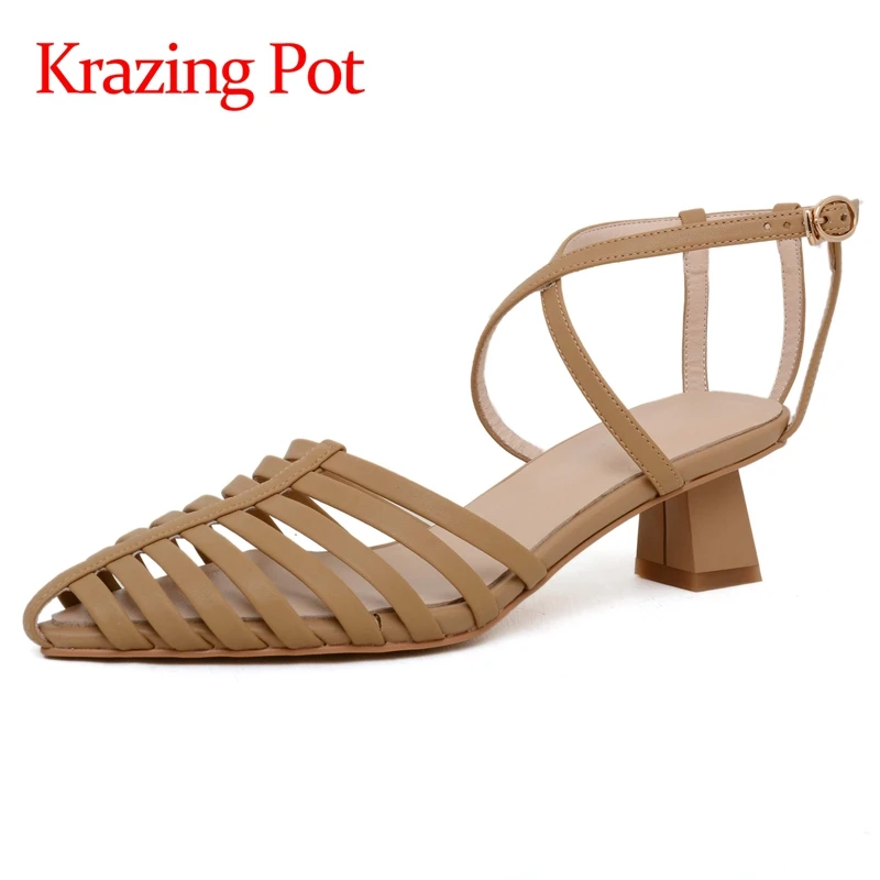 Krazing pot summer genuine leather pointed toe med heels simple style mature young lady buckle straps mules sandals women L18
Krazing pot summer genuine leather pointed toe med heels simple style mature young lady buckle straps mules sandals women L18