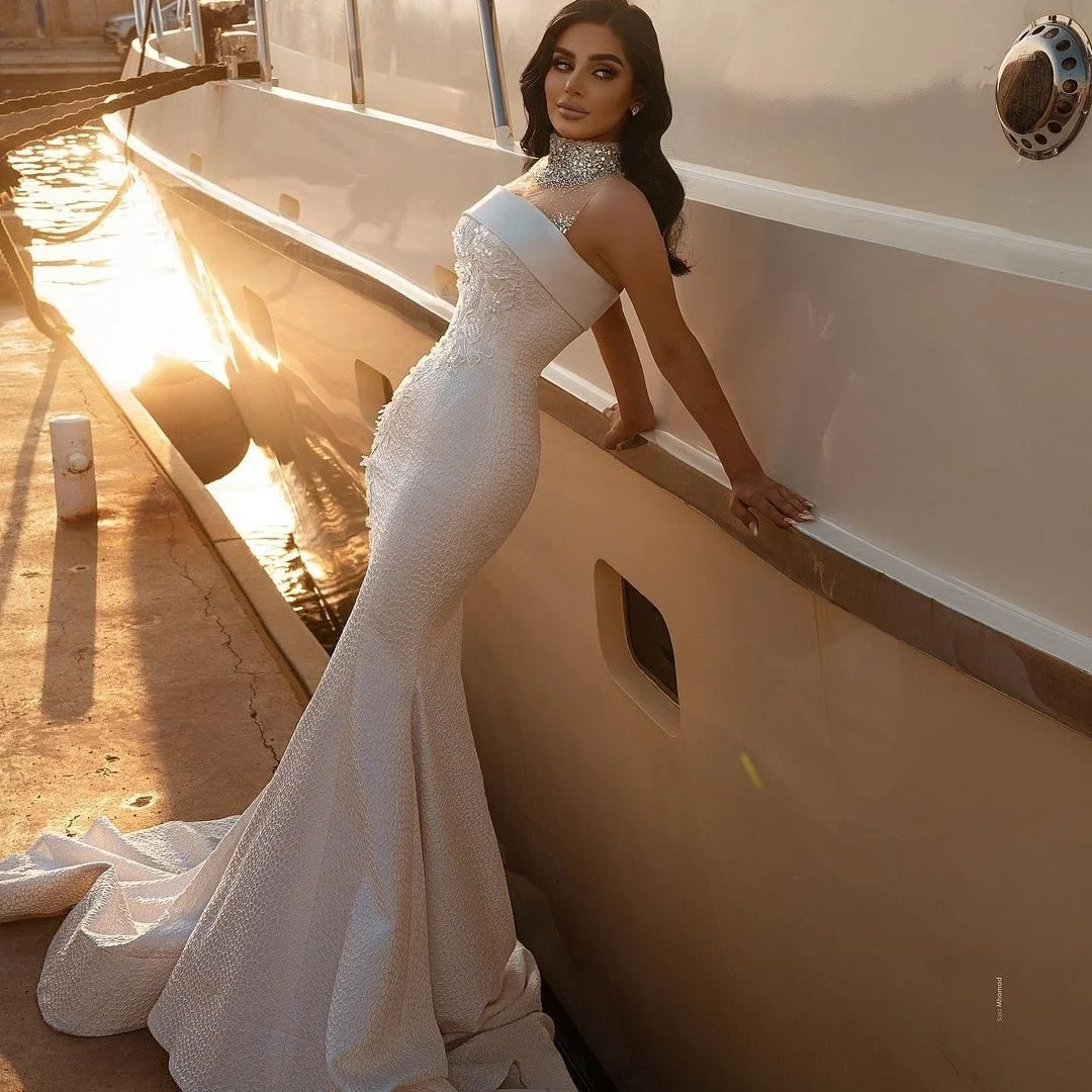 Hiigh Collar Crystal Mermaid Wedding Dress Sleeveless Lace Beading Wedding Gowns with Detachable Train Arabian vestidos de novia
Hiigh Collar Crystal Mermaid Wedding Dress Sleeveless Lace Beading Wedding Gowns with Detachable Train Arabian vestidos de novia