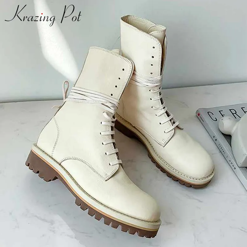 krazing pot solid elegant leisure lace up genuine leather boots round toe med heels keep warm women neutral mid-calf boots L88
krazing pot solid elegant leisure lace up genuine leather boots round toe med heels keep warm women neutral mid-calf boots L88